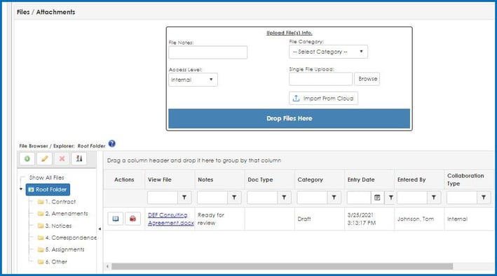 CobbleStone Software offers a files and attachment section within contract records for optimal document oversight.